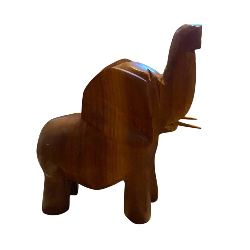 Hand Carved Wooden Elephant with Tusks 3.5" Tall Figurine Good Luck Prosperity